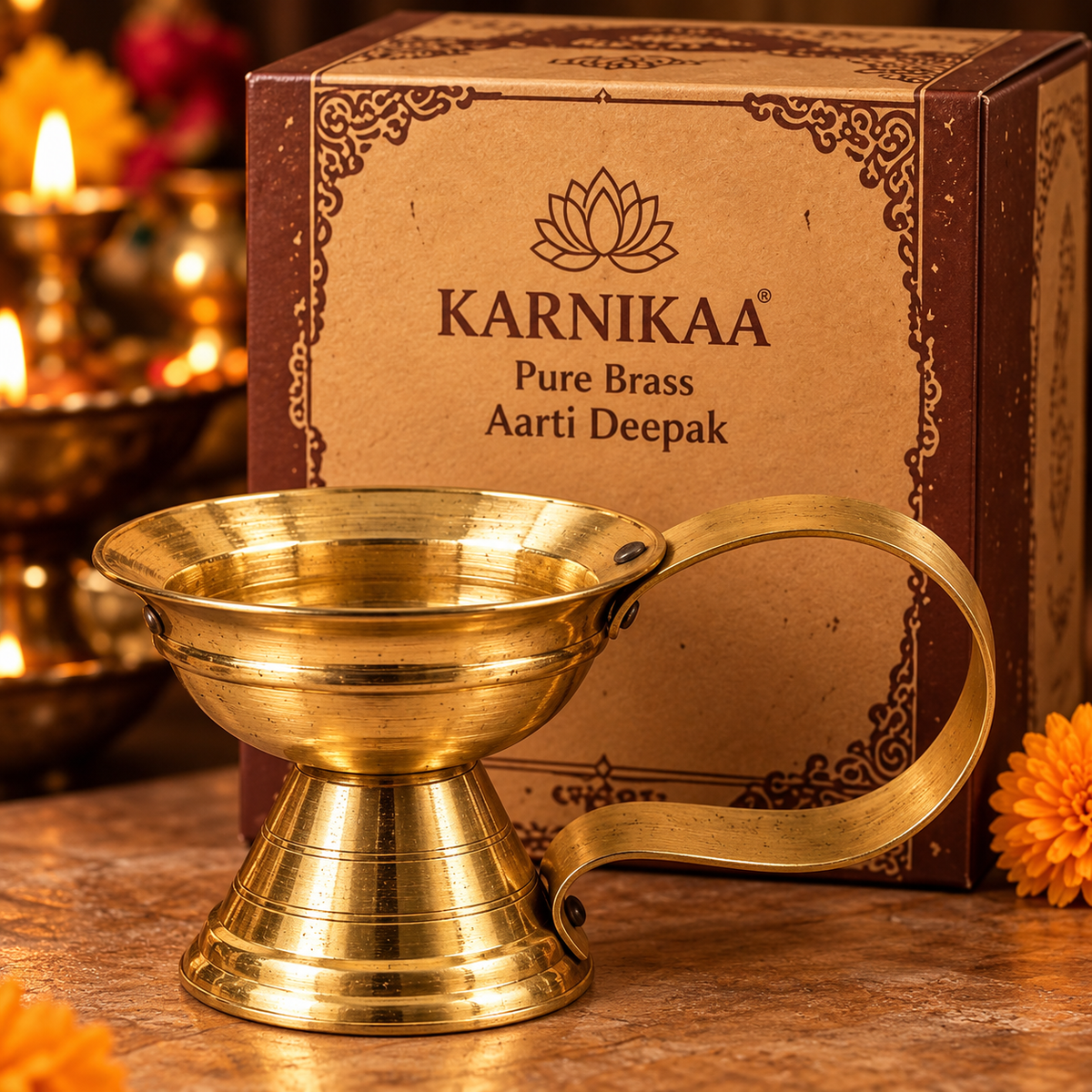 KARNIKAA puja accessory image – Antique Brass Aarti Deepakand KARNIKAABox
