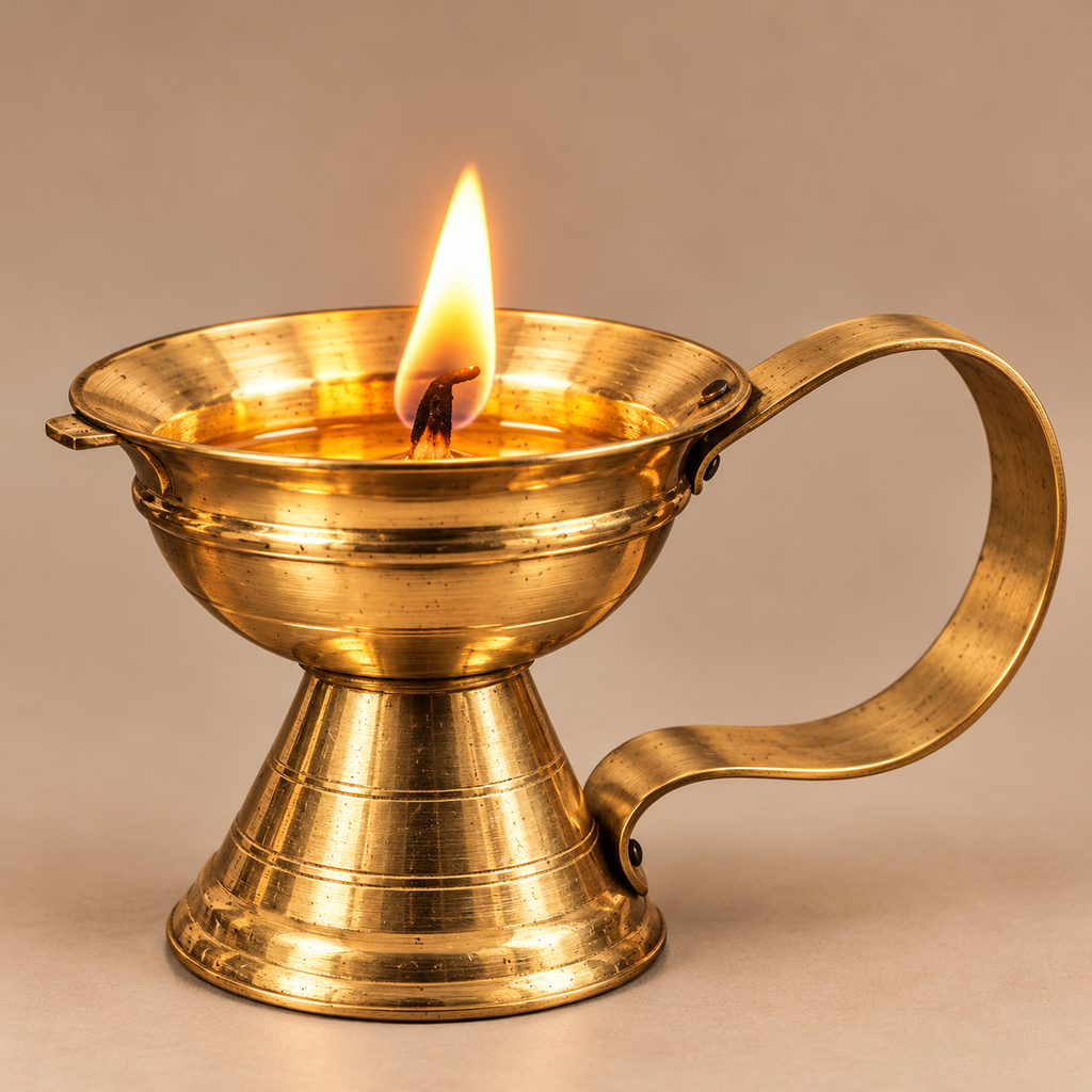 KARNIKAA puja accessory image – Brass Diya with Glowing Flame