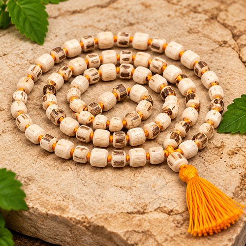 100% Pure Tulsi Mala – Coiled Wooden Malawith Orange Tassel