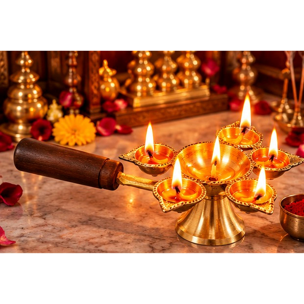 Large 5-Cup Aarti Diya with Wooden Handle – KARNIKAA Large 5 Cup Aarti Diya 02