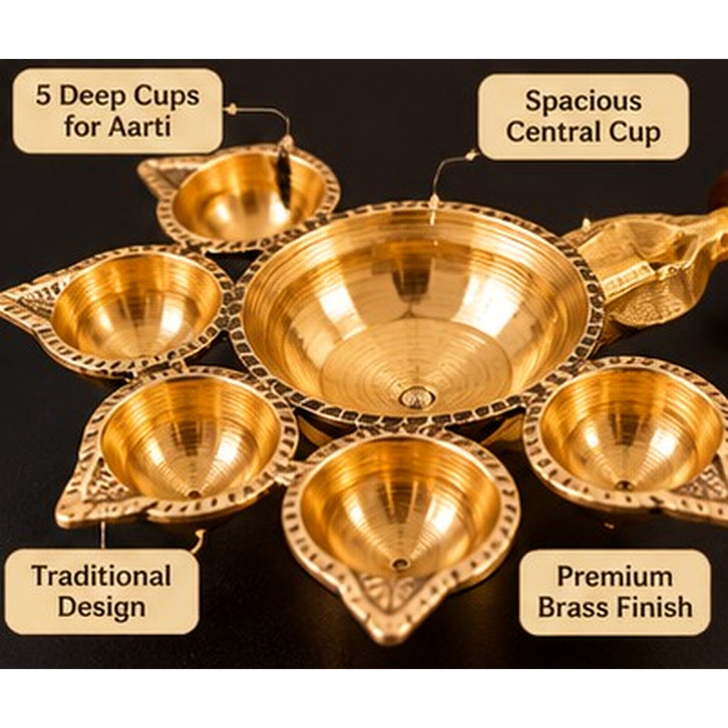 Large 5-Cup Aarti Diya with Wooden Handle – KARNIKAA Large 5 Cup Aarti Diya 03
