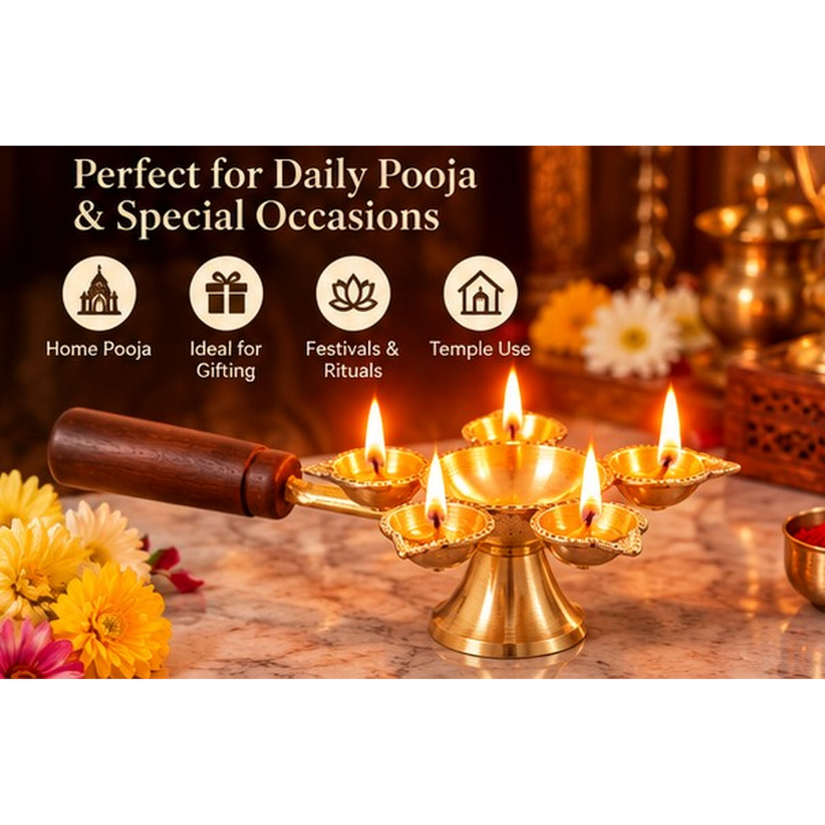 Large 5-Cup Aarti Diya with Wooden Handle – KARNIKAA Large 5 Cup Aarti Diya 05