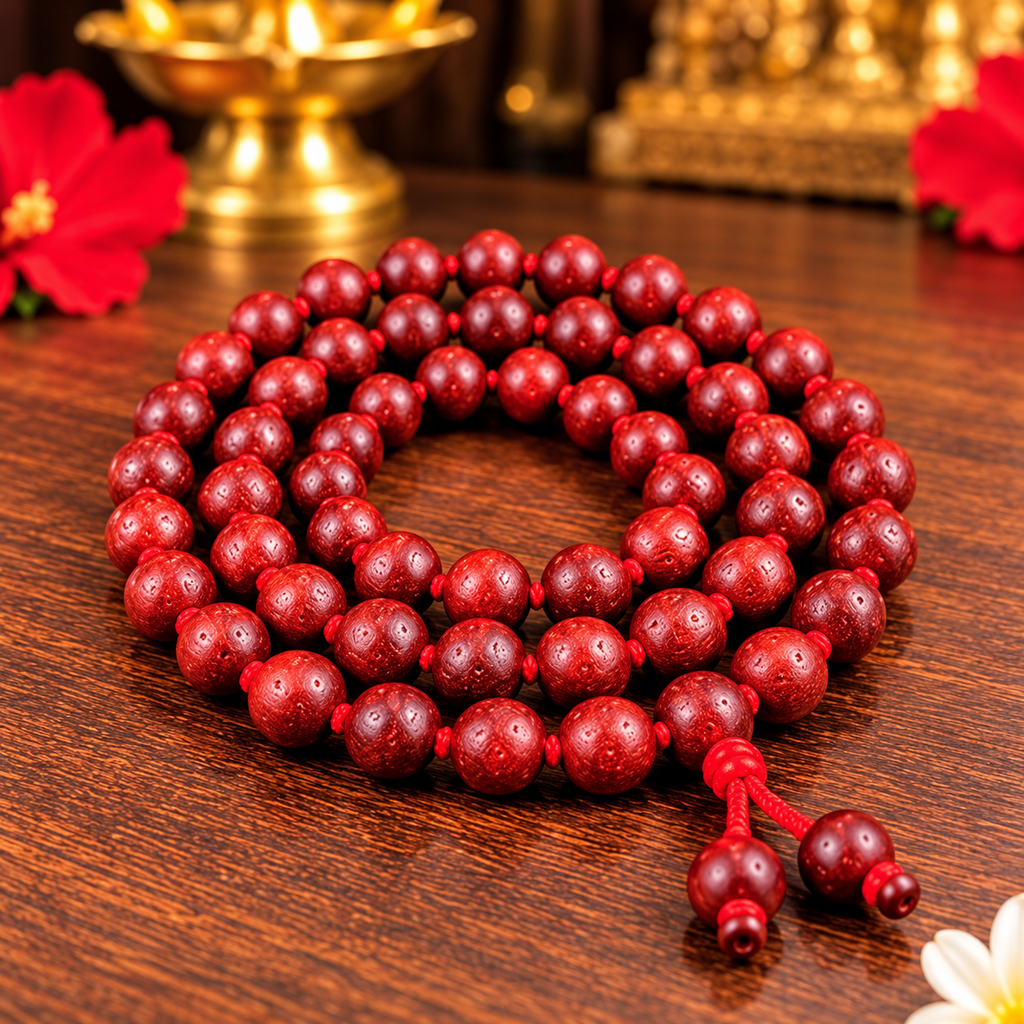 Red Sandalwood Jaap Mala – Red Wooden Mala Spiral on Temple Tabletop