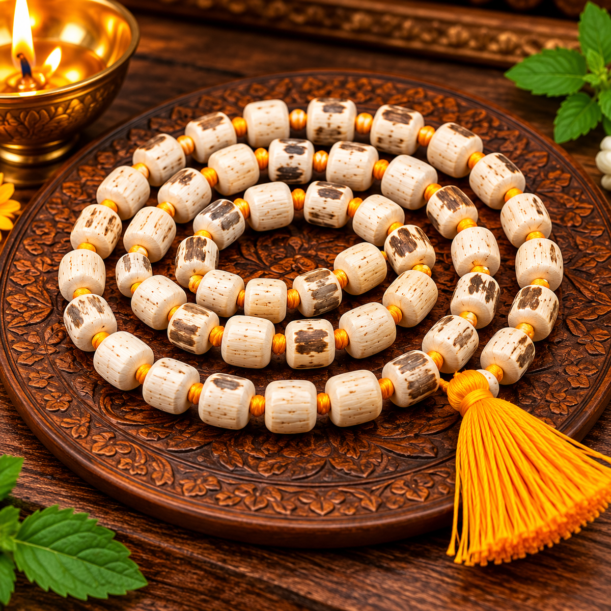 100% Pure Tulsi Mala – Tulsi Malaona Carved Wooden Plate