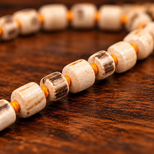100% Pure Tulsi Mala – Warm Wooden Bead Strand Close Up